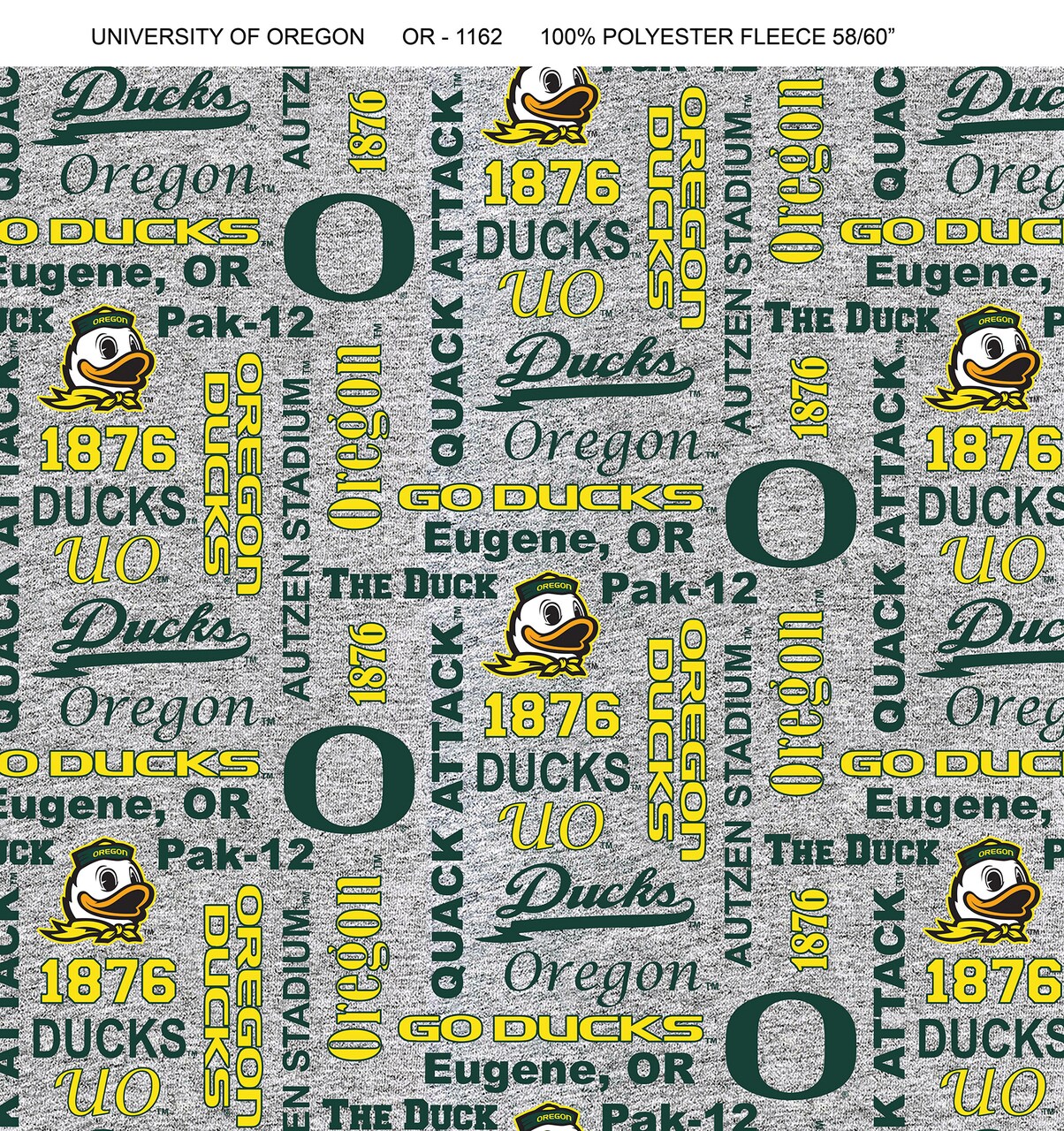 Sykel Enterprises-University of Oregon Fleece Fabric-Oregon Ducks Heather Verbiage Fleece Blanket Fabric-Sold by the yard